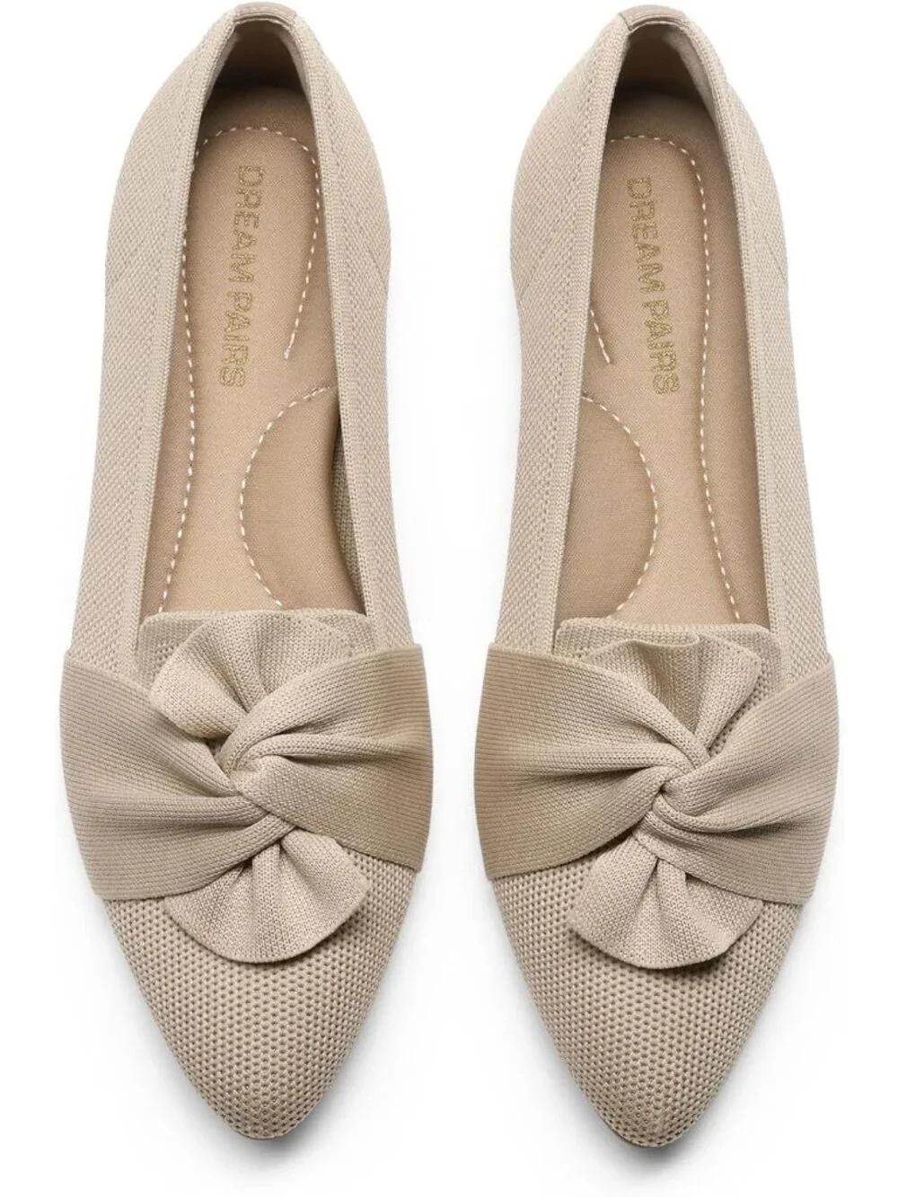 Women's Nude Foldable Bow Pointed Toe Ballet Flats Knit Cushioned Comfort Shoes